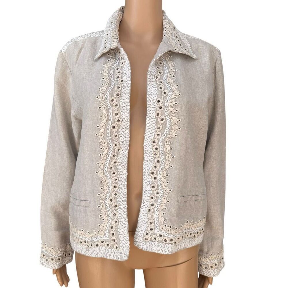 Chico’s linen metallic embroidered open front jacket size 1/M